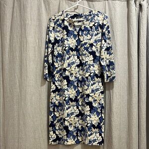 J. McLaughlin Blue and White Sheath Dress with 3/4 Sleeves